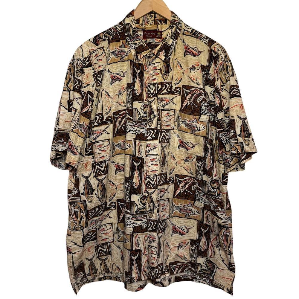 Vtg 100% Cotton Made in Hawaii Fish Fisherman Print Coral Reef XL Camp Shirt